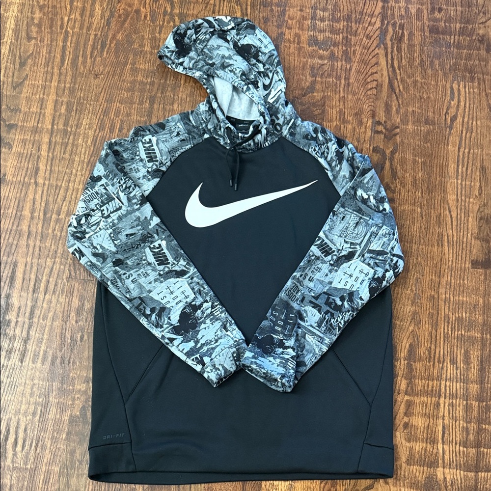 Nike Black Hoodie with Gray Patterned Sleeves